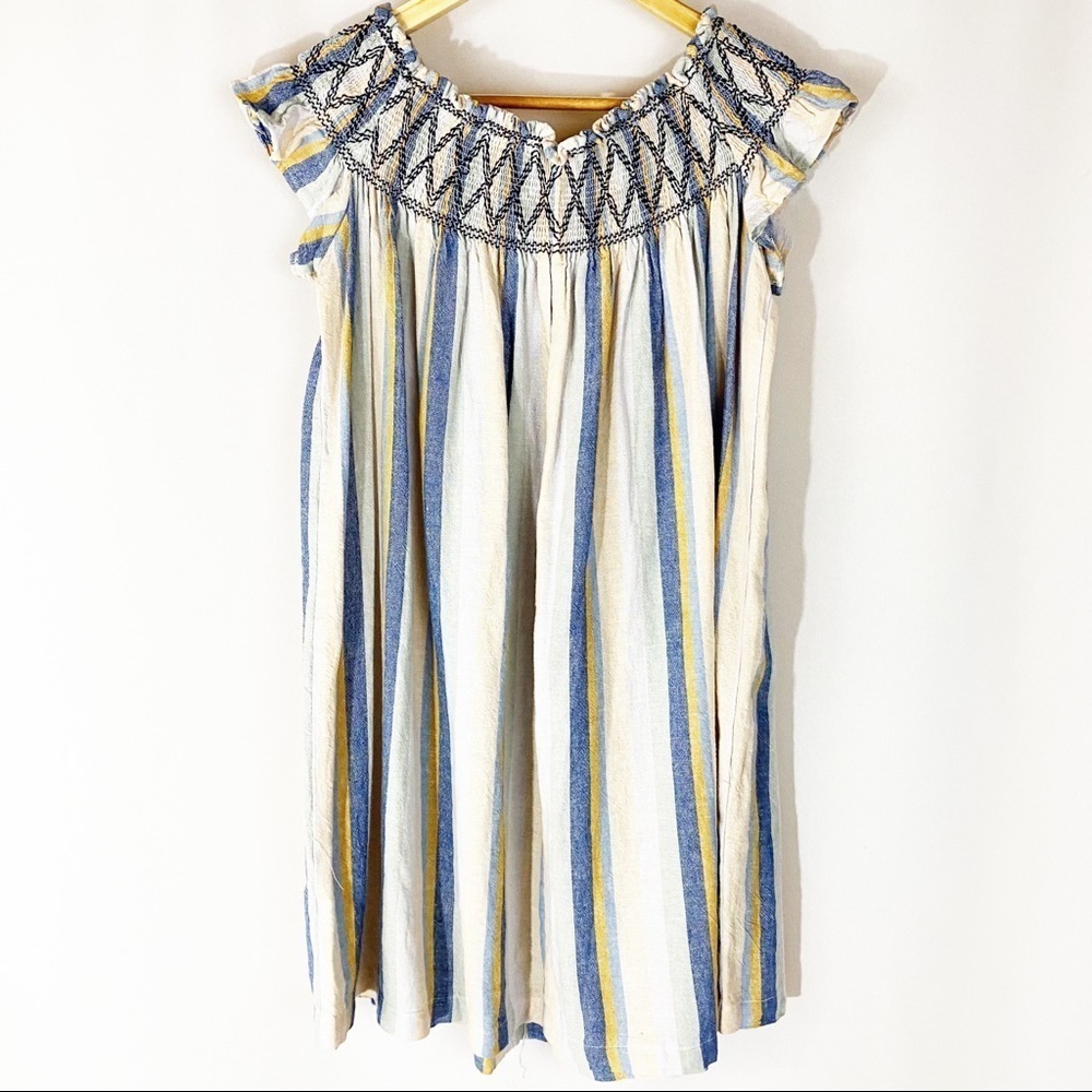 4our‎ Dreamers Blue Yellow Striped Linen Blend Smocked Mini Dress S Boho Coastal